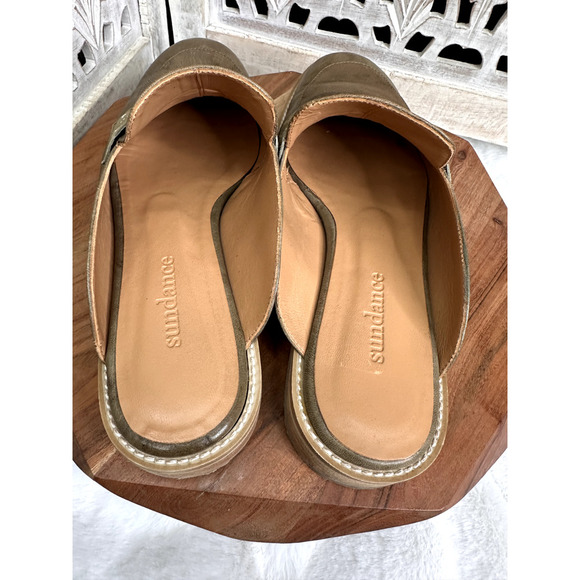 Sundance Leather Embroidered Mules Size 8 Women's Green Pewter Flats - Picture 3 of 5